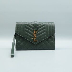 SAINT LAURENT Envelope Green Leather Clutch Bag
